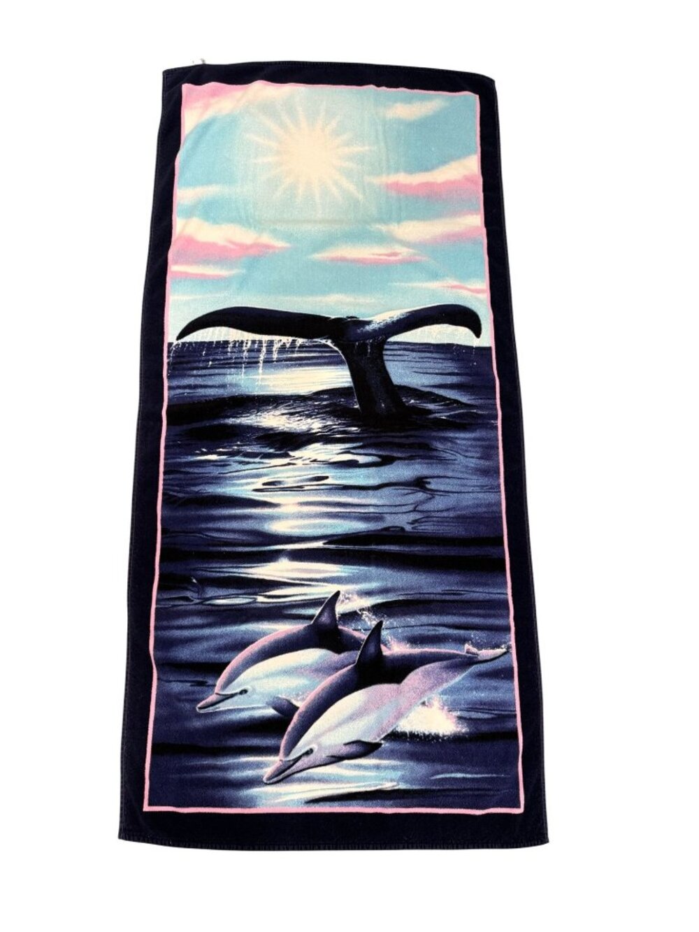 VTG 90s Beach Towel Whales Dolphins Pattern IMPACT La Plage Cobra 34"x64"